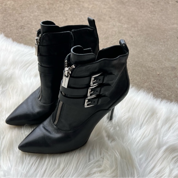 Michael Kors Black Leather Pointed Toe Silver 3 Buckle Zipper Heeled Booties - Picture 7 of 7